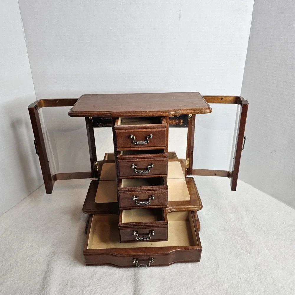 Vintage Wooden Jewelry Armoire Box Glass Side Doors 5 Drawers Brass Pulls Brown